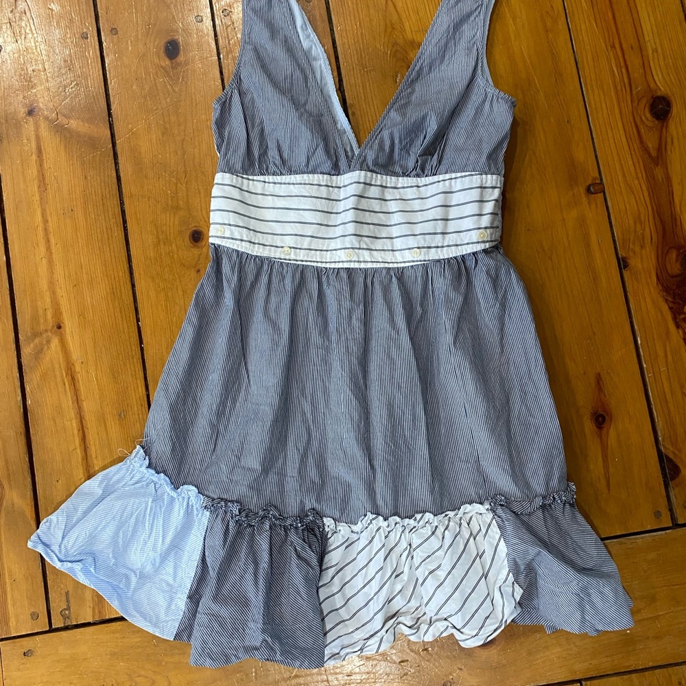 Striped Blue and White Mini Dress with V-Neck